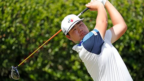 Sungjae Im, of South Korea, watches his drive from the first tee during the final round of the Sanderson Farms Championship golf tournament in Jackson, Miss., Sunday, Sept. 22, 2019.