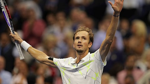 Daniil Medvedev, of Russia, reacts after defeating Grigor Dimitrov, of Bulgaria, in the men's singles semifinals of the U.S. Open tennis championships Friday, Sept. 6, 2019, in New York. (AP Photo/Charles Krupa)