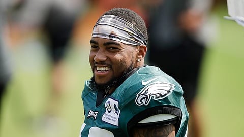 Philadelphia Eagles wide receiver DeSean Jackson prepares on the sideline to practice at the NFL football team's facility in Philadelphia, Wednesday, Sept. 4, 2019.