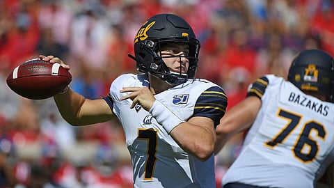 California quarterback Chase Garbers (7) releases a pass during the first half of an NCAA college football game against Mississippi in Oxford, Miss., Saturday, Sept. 21, 2019. (AP Photo/Thomas Graning)