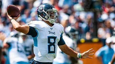 Tennessee Titans quarterback Marcus Mariota (8) throws a pass during Indianapolis' 19-17 win over the Titans on Sunday, September 15, 2019, at Nissan Stadium.