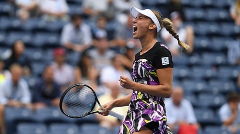 Elise Mertens, of Belgium, reacts after winning a point against Kristie Ahn, of the United States, during the fourth round of the US Open tennis championships Monday, Sept. 2, 2019, in New York. (AP Photo/Sarah Stier)