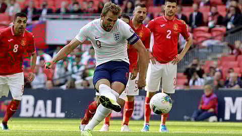 Harry Kane scores for England in a Euro 2020 qualifying match against Bulgaria on Sept. 7 (Matt Dunham)