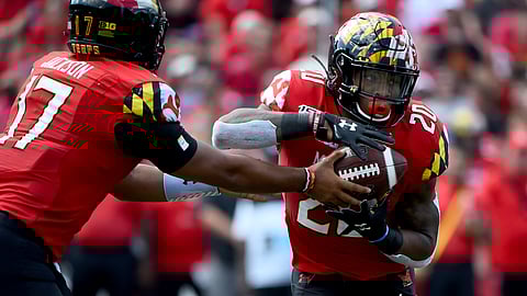 Maryland quarterback Josh Jackson (17) hands the ball off to running back Javon Leake (20) during the first half of an NCAA college football game against Syracuse, Saturday, Sept. 7, 2019, in College Park, Md.