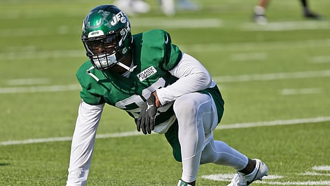 In this July 25, 2019, file photo, New York Jets running back Le'Veon Bell takes part in practice at the NFL football team's training camp in Florham Park, N.J.