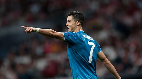Juventus' Cristiano Ronaldo gestures during the Champions League Group D soccer match between Atletico Madrid and Juventus at the Wanda Metropolitano stadium in Madrid, Spain, Wednesday, Sept. 18, 2019. (AP Photo/Bernat Armangue)