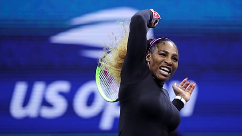 Serena Williams returns to Maria Sharapova during the first round of the U.S. Open tennis tournament in New York, Monday, Aug. 26, 2019. (AP Photo/Charles Krupa)
