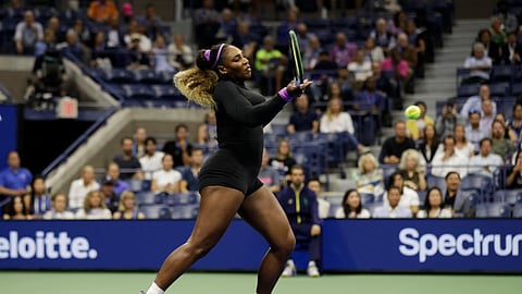 Serena Williams, of the United States, returns a shot to Elina Svitolina, of Ukraine, during the semifinals of the U.S. Open tennis championships Thursday, Sept. 5, 2019, in New York. (AP Photo/Adam Hunger)