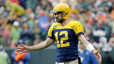 Green Bay Packers quarterback Aaron Rodgers celebrates during the second half of an NFL football game against the Denver Broncos Sunday, Sept. 22, 2019, in Green Bay, Wis. (AP Photo/Mike Roemer)