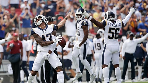Los Angeles Rams strong safety John Johnson celebrates after an inception against the New Orleans Saints during the first half of an NFL football game Sunday, Sept. 15, 2019, in Los Angeles. (AP Photo/Marcio Jose Sanchez)