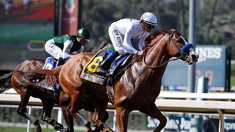 FILE - In this April 7, 2018, file photo, Justify, ridden by Mike Smith, gallops past Bolt d'Oro, left, with jockey Javier Castellano, during the Santa Anita Derby horse race at Santa Anita in Arcadia, Calif. Justify won the race, and Bolt d'Oro came in second. The New York Times says Justify won the 2018 Triple Crown after a failed postrace drug test at Santa Anita that could have kept the horse out of the Kentucky Derby. The newspaper reported Wednesday, Sept. 11, 2019, that Bob Baffert-trained Justify tested positive for the drug scopolamine after winning the Santa Anita Derby. Justify went on to win the Derby and took the Preakness and Belmont stakes to complete the Triple Crown. (AP Photo/Jae C. Hong, File)