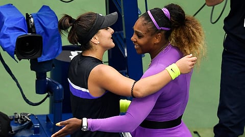 Serena Williams, of the United States, right, congratulates Bianca Andreescu, of Canada, after Andreescu won the women's singles final of the U.S. Open tennis championships Saturday, Sept. 7, 2019, in New York. (AP Photo/Sarah Stier)