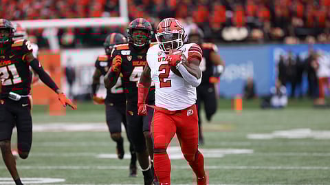 Utah running back Zack Moss (2) runs for a 91-yard touchdown during the first half of the team's NCAA college football game against Oregon State in Corvallis, Oregon, Saturday, Oct. 12, 2019.