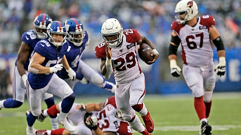 Arizona Cardinals' Chase Edmonds (29) runs the ball for a touchdown during the second half of an NFL football game against the New York Giants, Sunday, Oct. 20, 2019, in East Rutherford, N.J.