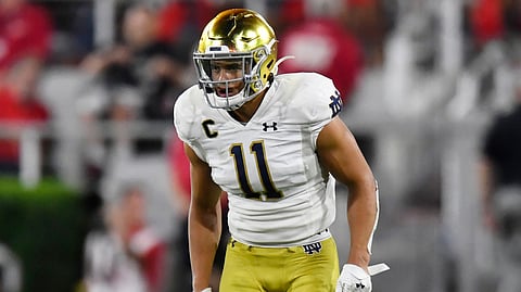 In this Sept. 21, 2019 photo, Notre Dame safety Alohi Gilman works against Georgia during the second half of an NCAA college football game in Athens, Ga. Gilman thought he’d be on the other side of the Notre Dame-Southern California rivalry when he decided to transfer from Navy three years ago.