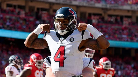 Houston Texans quarterback Deshaun Watson (4) celebrates his touchdown against the Kansas City Chiefs during the second half of an NFL football game in Kansas City, Mo., Sunday, Oct. 13, 2019.