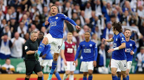 Leicester City's Jamie Vardy celebrates scoring his side's first goal of the game against Burnley, during their English Premier League soccer match at the King Power Stadium in Leicester, England, Saturday Oct. 19, 2019.