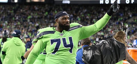 Seattle Seahawks offensive tackle George Fant celebrates win against the Rams on Oct. (Margaret Bowles)