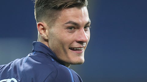 In this Monday, Oct. 15, 2018 photo, Czech Republic's Patrik Schick attends a training session in Kharkiv, Ukraine. Czech Republic’s striker Patrik Schick has recovered from injury in time to face England on Oct. 11 in Prague, in the 2020 European Championship qualifier against England.