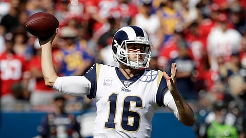 Los Angeles Rams quarterback Jared Goff throws against the San Francisco 49ers during the first half of an NFL football game Sunday, Oct. 13, 2019, in Los Angeles.