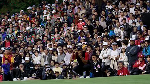 Tiger Woods of the United States lines up a putt on the 9th green during the final round of the Zozo Championship PGA Tour at the Accordia Golf Narashino country club in Inzai, east of Tokyo, Japan, Sunday, Oct. 27, 2019.