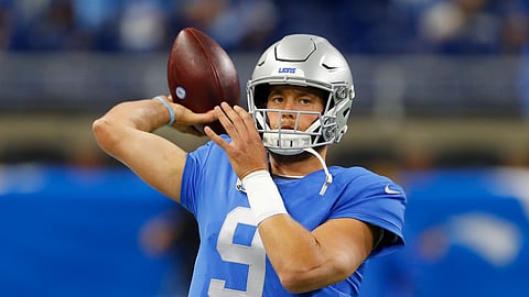 Detroit Lions quarterback Matthew Stafford throws during pregame of an NFL football game against the Kansas City Chiefs, Sunday, Sept. 29, 2019, in Detroit. (AP Photo/Paul Sancya)
