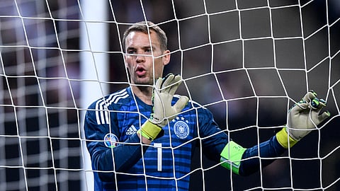 FILE - In this Friday Sept. 6, 2019 file photo Germany's keeper Manuel Neuer plays during the Euro 2020 group C qualifying soccer match between Germany and The Netherlands in Hamburg, Germany. Germany coach Joachim Loew is keeping faith in Manuel Neuer as first-choice goalkeeper, Neuer will play during the European qualifier in Tallinn, Estonia. (AP Photo/Martin Meissner, file)