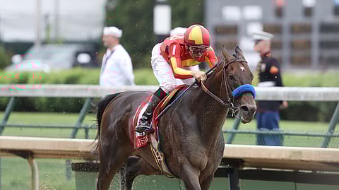 FILE - In this May 3, 2019, file photo, McKinzie, ridden by jockey Mike Smith, wins the Grade 2 Alysheba horse race at Churchill Downs in Louisville, Ky. The Breeders’ Cup Classic pits West Coast star McKinzie against Code of Honor, the East’s top horse who finished second in the Kentucky Derby. (AP Photo/Gregory Payan, File)