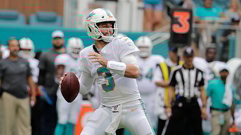 Miami Dolphins quarterback Josh Rosen (3) looks to pass, during the first half at an NFL football game against the Los Angeles Chargers, Sunday, Sept. 29, 2019, in Miami Gardens, Fla. AP Photo/Lynne Sladky)