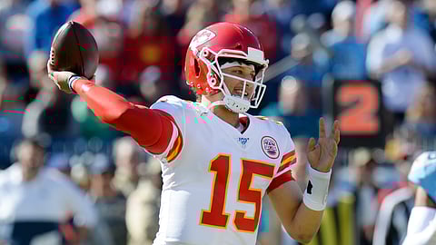 Kansas City Chiefs quarterback Patrick Mahomes passes against the Tennessee Titans in the first half of an NFL football game Sunday, Nov. 10, 2019, in Nashville, Tenn.