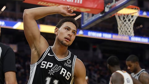 San Antonio Spurs guard Bryn Forbes (11) reacts after scoring against the Golden State Warriors during the second half of an NBA basketball game in San Francisco, Friday, Nov. 1, 2019. (AP Photo/Jeff Chiu)