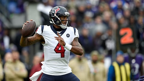 Houston Texans quarterback Deshaun Watson throws a pass against the Baltimore Ravens during the first half of an NFL football game, Sunday, Nov. 17, 2019, in Baltimore.