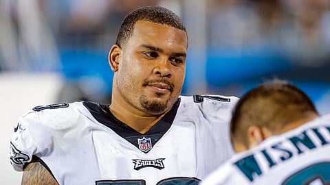 In this Oct. 12, 2017 photo, Philadelphia Eagles' Brandon Brooks (79) sits on the bench during the second half of an NFL football game against the Carolina Panthers in Charlotte, N.C.