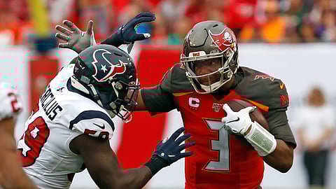 Houston Texans outside linebacker Whitney Mercilus (59) sacks Tampa Bay Buccaneers quarterback Jameis Winston (3) during the second half of an NFL football game Saturday, Dec. 21, 2019, in Tampa, Fla. (AP Photo/Mark LoMoglio)