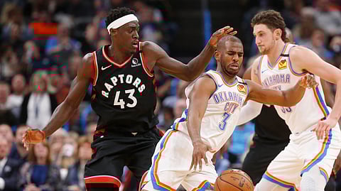 Oklahoma City Thunder guard Chris Paul (3) drives past Toronto Raptors forward Pascal Siakam (43) during the first half of an NBA basketball game Wednesday, Jan. 15, 2020, in Oklahoma City.