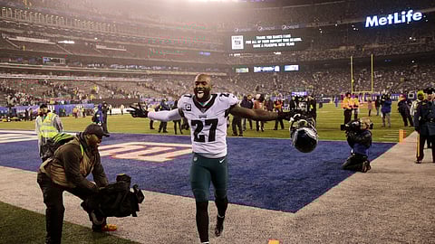 Philadelphia Eagles strong safety Malcolm Jenkins (27) celebrates beating the New York Giants after NFL football game, Sunday, Dec. 29, 2019, in East Rutherford, N.J. (AP Photo/Seth Wenig)
