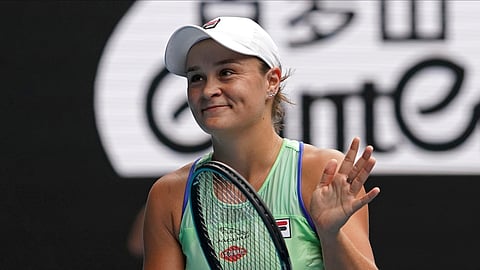 Australia's Ashleigh Barty celebrates after defeating Kazakhstan's Elena Rybakina in their third round match at the Australian Open tennis championship in Melbourne, Australia, Friday, Jan. 24, 2020. (AP Photo/Lee Jin-man)
