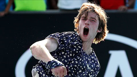 Russia's Andrey Rublev celebrates after defeating Belgium's David Goffin in their third round singles match at the Australian Open tennis championship in Melbourne, Australia, Saturday, Jan. 25, 2020. (AP Photo/Andy Wong)