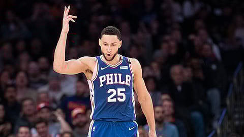 Philadelphia 76ers guard Ben Simmons reacts after scoring a three-point basket in the second half of an NBA basketball game against the New York Knicks, Saturday, Jan. 18, 2020, at Madison Square Garden in New York.