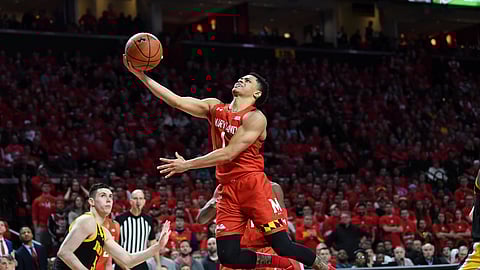 Maryland guard Anthony Cowan Jr. (1) goes to the basket for a layup during the second half of the team's NCAA college basketball game against Iowa on Thursday, Jan. 30, 2020, in College Park, Md.