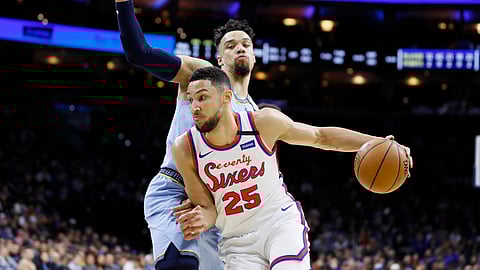 Philadelphia 76ers' Ben Simmons, front, dribbles past Memphis Grizzlies' Dillon Brooks during the first half of an NBA basketball game Friday, Feb. 7, 2020, in Philadelphia.