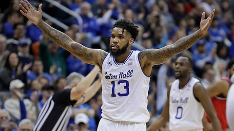 Seton Hall's Myles Powell reacts after sinking a basket during the second half of an NCAA college basketball game against St. John's in Newark, N.J., Sunday, Feb. 23, 2020. Seton Hall defeated St. John's 81-65. (AP Photo/Seth Wenig)