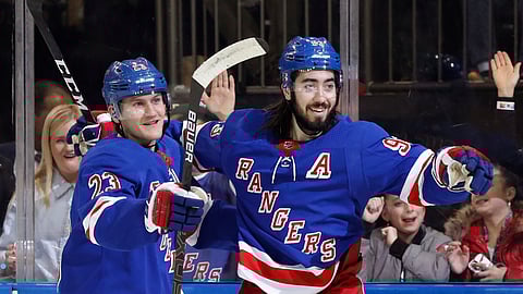 New York Rangers defenseman Adam Fox (23) and center Mika Zibanejad (93) celebrate as they wait for a teammate to join them after Zibanejad scored a goal during the second period of the team's NHL hockey game against the Washington Capitals, Thursday, March 5, 2020, in New York. (AP Photo/Kathy Willens)