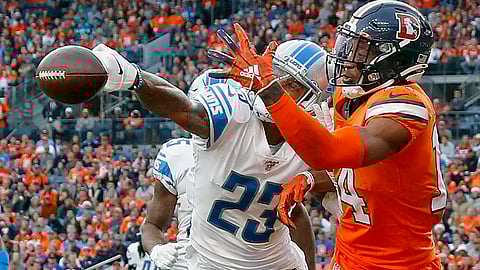 New Eagles cornerback Darius Slay (23) knocks away a pass in the end zone intended for Denver Broncos wide receiver Courtland Sutton on Dec. 22, 2019