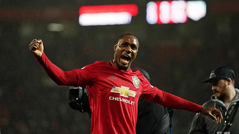 Manchester United's Odion Ighalo celebrates after the English Premier League soccer match between Manchester United and Manchester City at Old Trafford in Manchester, England, Sunday, March 8, 2020. Manchester United won 2-0.