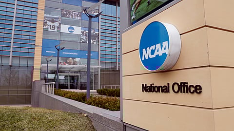 In this March 12, 2020, file photo, The national office of the NCAA in Indianapolis is viewed.