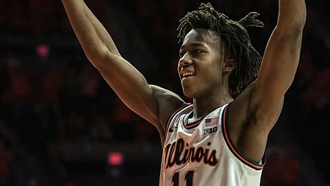 Illinois' Ayo Dosunmu (11) celebrates taking the lead over Indiana in the last minutes of the second half of an NCAA college basketball game Sunday, March 1, 2020, in Champaign, Ill.