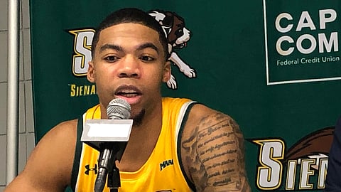 Siena forward Elijah Hughes, a transfer from Notre Dame, leads the #1 seed Siena into the MAAC Tournament in Atlantic City. (AP Photo/John Kekis)