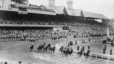 In this June 9, 1945, file photo, Hoop Jr. leads by a length during the 71st running of the Kentucky Derby horse race at Churchill Downs in Louisville, Ky. This year is the first time the Derby won't be held on the first Saturday in May since 1945, when it was run June 9. Churchill Downs postponed the opening leg of the Triple Crown from May 2 to Sept. 5, due to concern over the coronavirus pandemic that has wreaked havoc with the world's sports calendar.