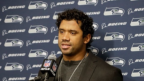 In this Dec. 8, 2019, file photo, Seattle Seahawks quarterback Russell Wilson speaks during a news conference after an NFL football game against the Los Angeles Rams in Los Angeles. Russell Wilson is the face of the Seahawks franchise and with good reason, according to Mark Eckel.